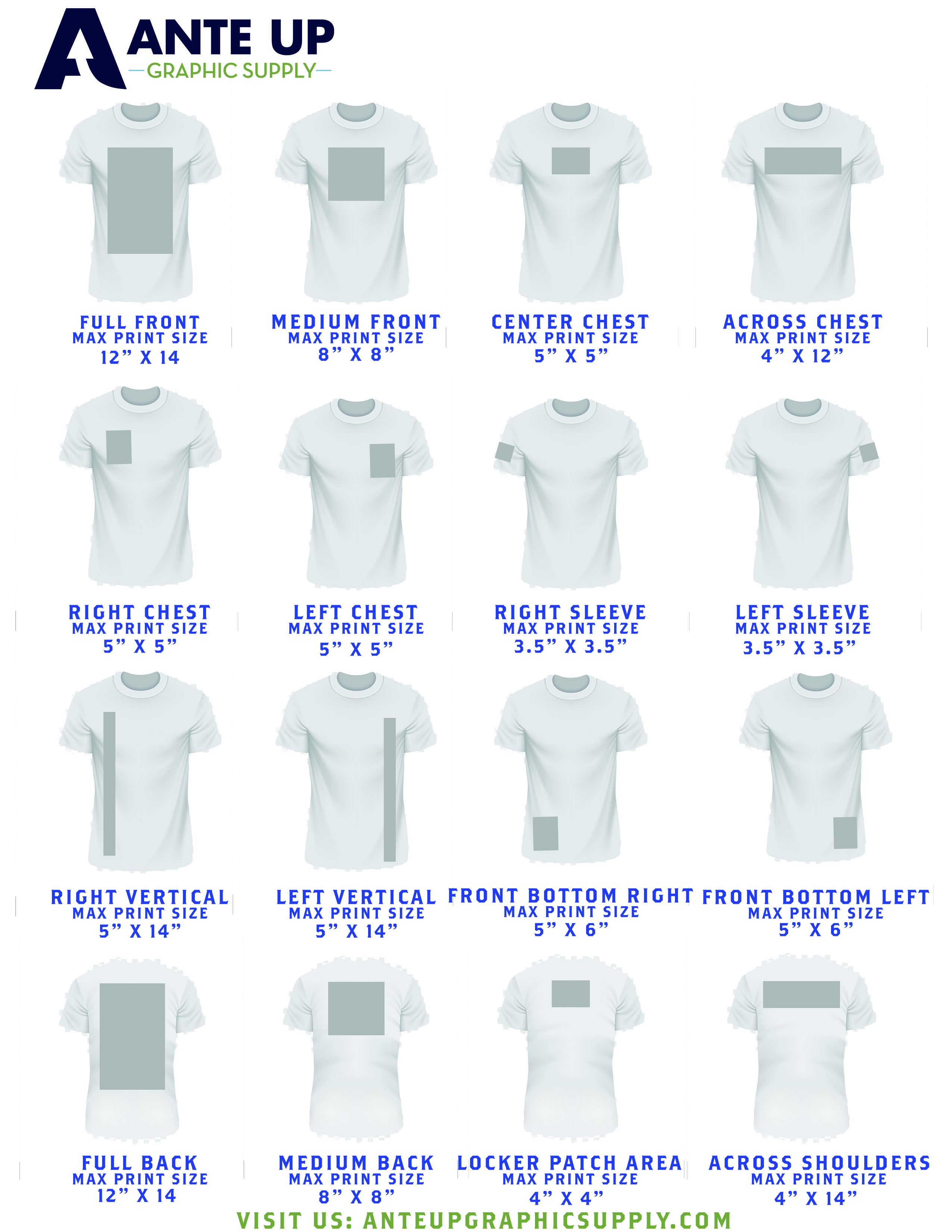 TShirt Design Size and Placement Chart Ante Up Graphic Supply